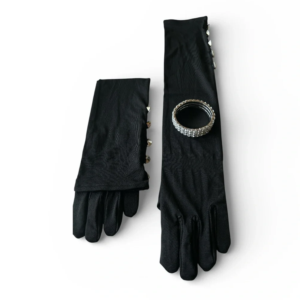 Elegant Long Black Satin Gloves w/Rhinestones stretchy Rhinestone Bracelet Prom